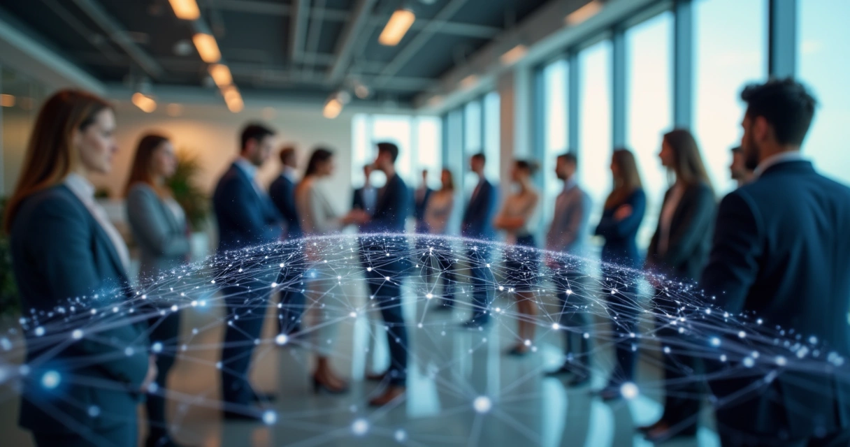 Equipe corporativa conectada em rede mostrando interações invisíveis 