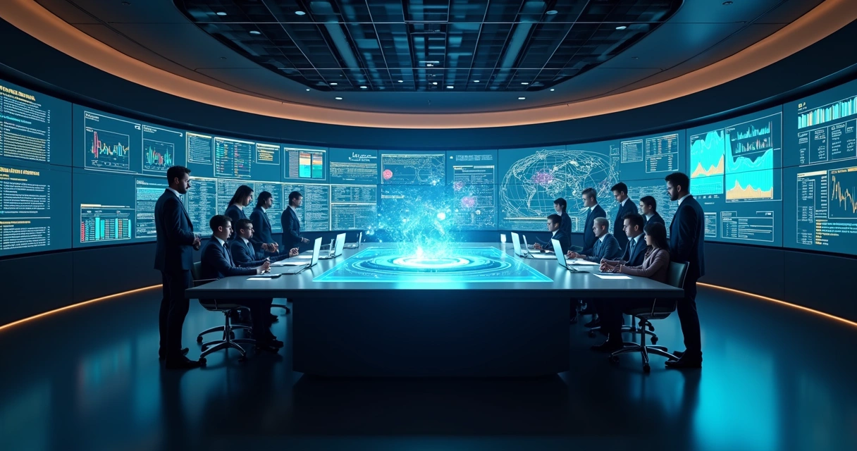 Painel 3D com executivos analisando dados em tempo real e sistemas de IA adaptativos 