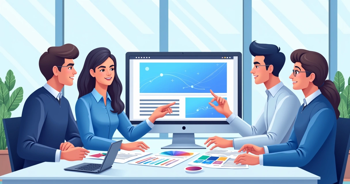 Equipe de profissionais discutindo o design de um site em frente a um monitor com layout moderno 