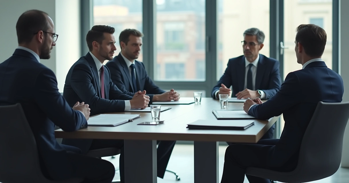 Mesa de reunião com cadeira vazia e documentos sobre a mesa 