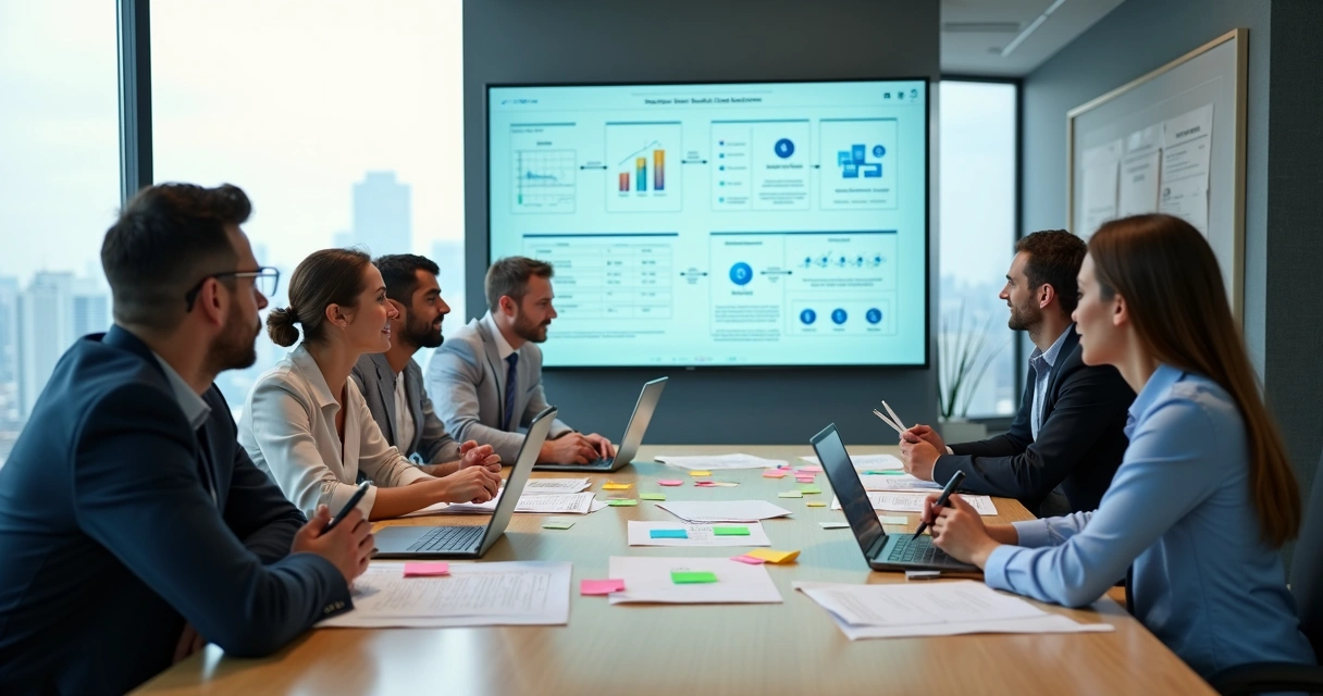 Mesa de reunião com time e cliente analisando painel digital de sistemas personalizados 