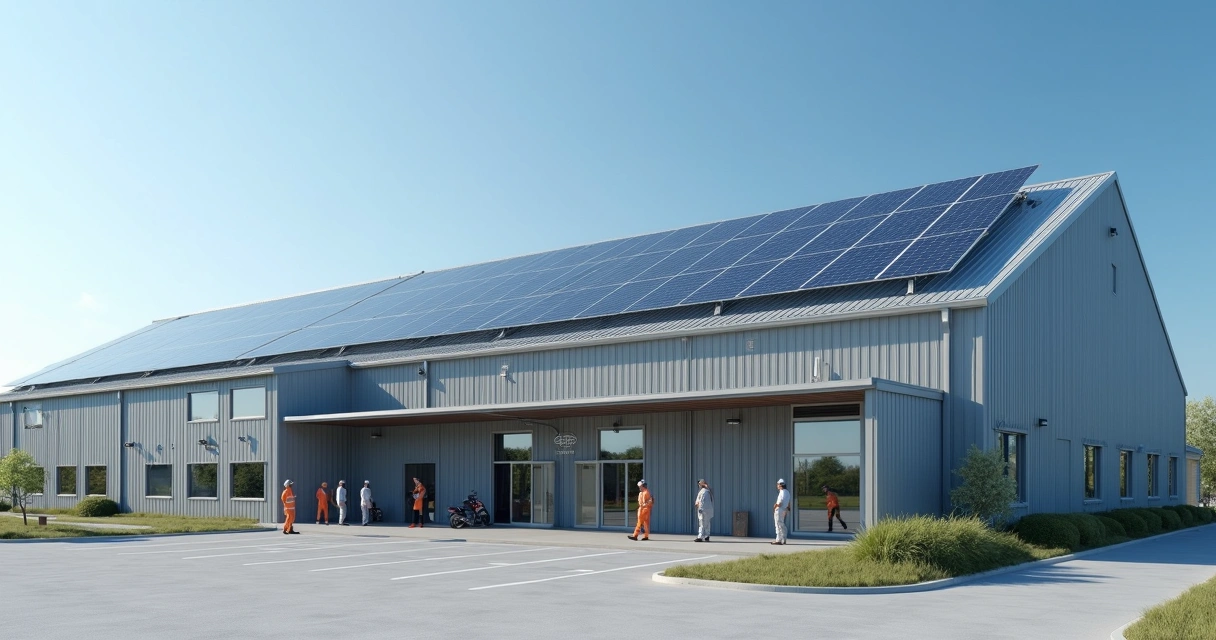 Indústria de médio porte com telhado coberto por painéis solares, céu claro ao fundo 