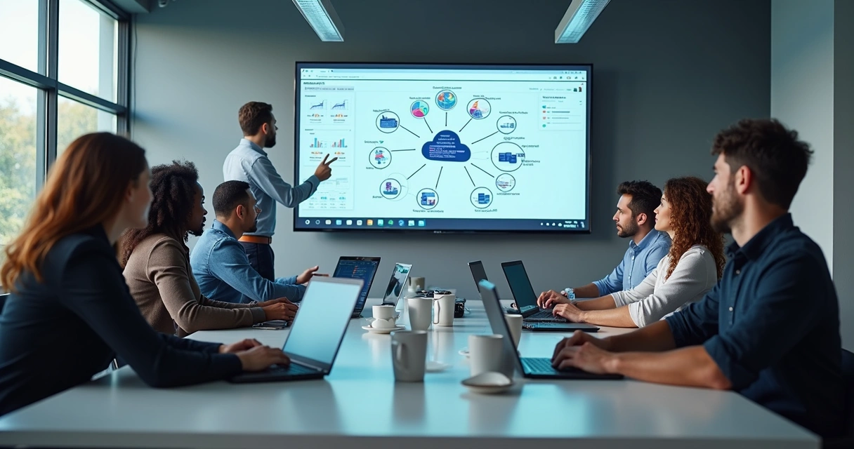 Equipe de TI reunida em uma mesa de escritório moderna, analisando gráficos em computadores
