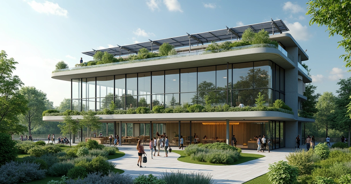 Prédio empresarial sustentável com jardim no terraço 