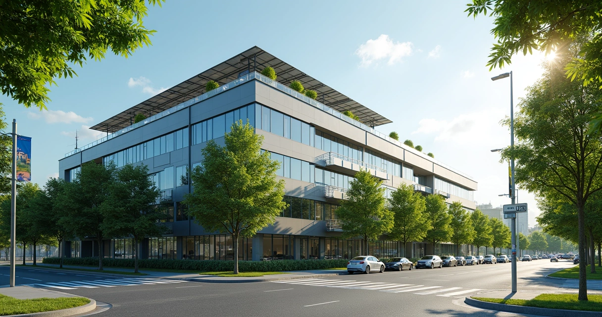 Prédio de empresa cercado por árvores com painéis solares no telhado, representando sustentabilidade e incentivo fiscal 