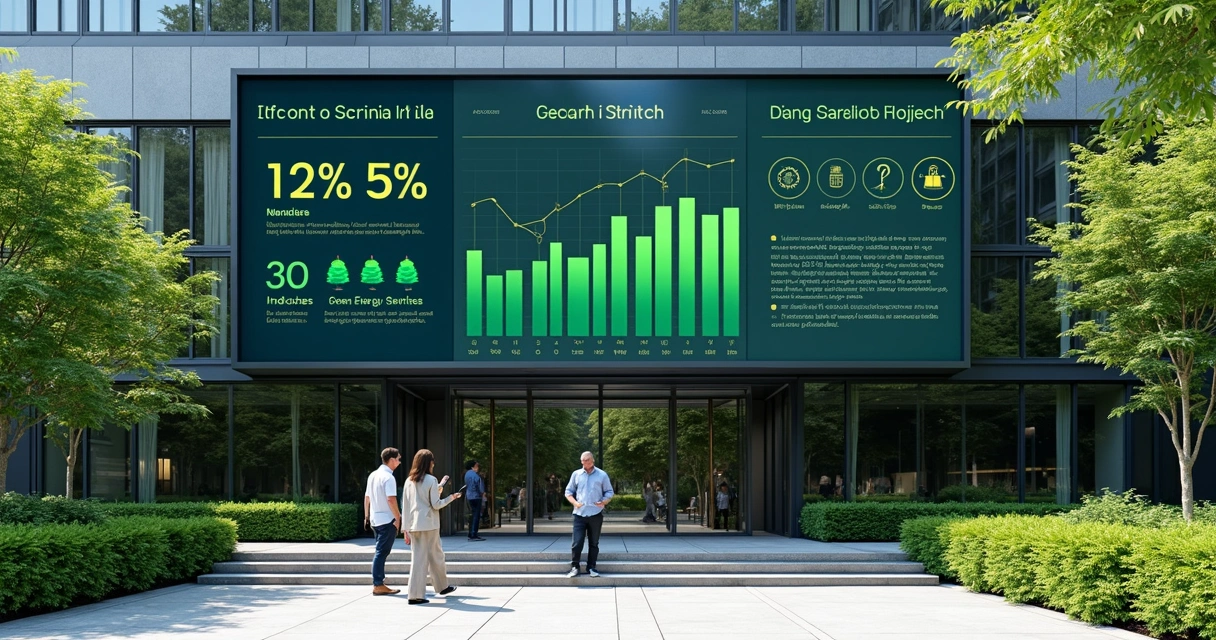 Edifício corporativo moderno com fachada digital mostrando gráficos de sustentabilidade e reputação 