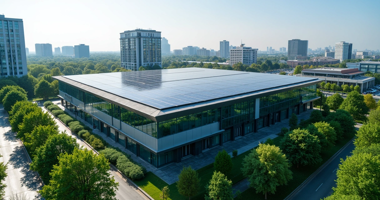 Fachada de empresa com painéis solares e jardim verde 