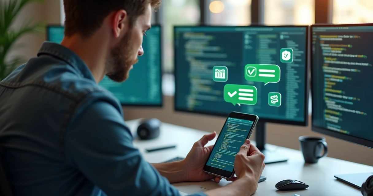 Empresário tech resolvendo questões fiscais por WhatsApp com contador