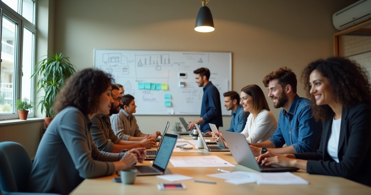 Pequena equipe trabalhando em notebooks em ambiente tech 