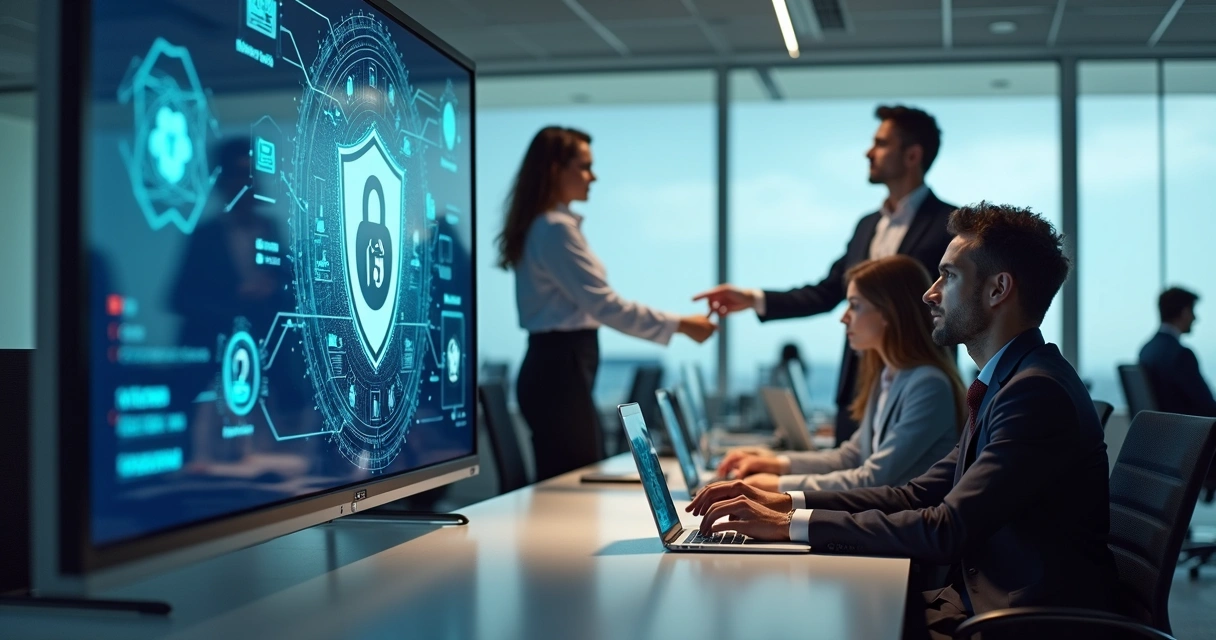 Sala de empresa com equipe usando computadores