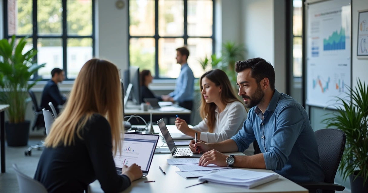 Escritório moderno de empresa de tecnologia com profissionais usando computadores e discutindo estratégias fiscais