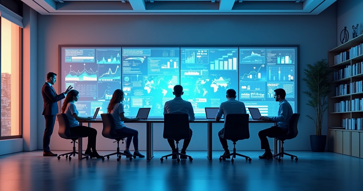 Profissionais analisando painel digital com gráficos em escritório moderno