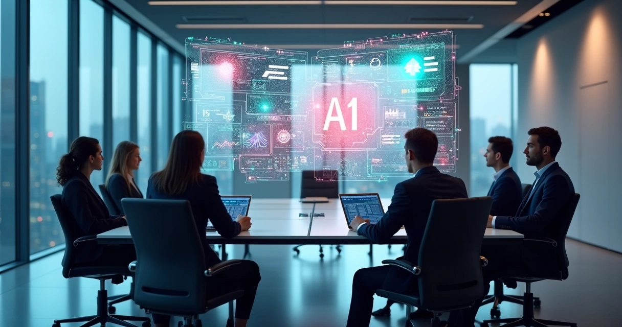 Executivos em reunião com telas digitais mostrando gráficos de IA e automação 