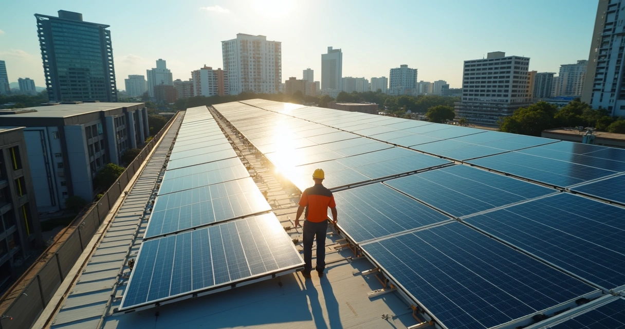 Painéis solares instalados no telhado de uma empresa em Brasília 