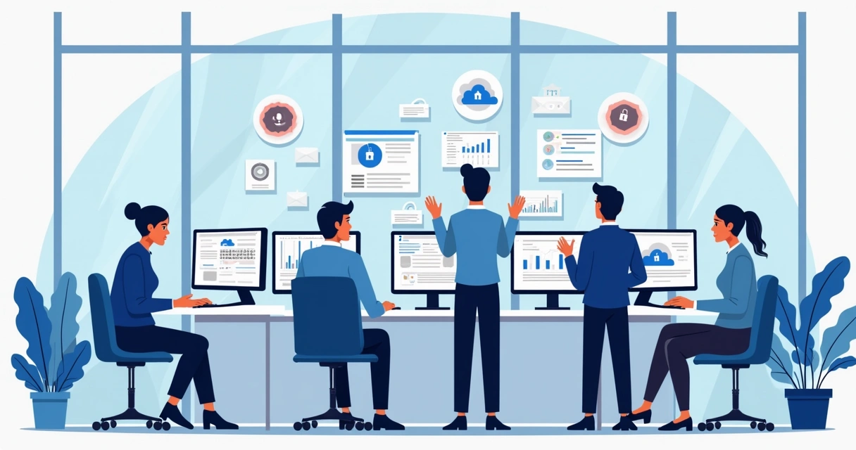 Equipe monitora computadores e redes em escritório de TI 