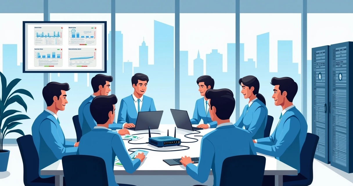 Equipe de TI configurando roteadores em empresa 