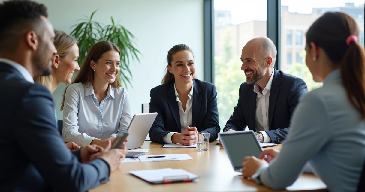 Equipe reunida, alinhada, trabalhando em ambiente colaborativo