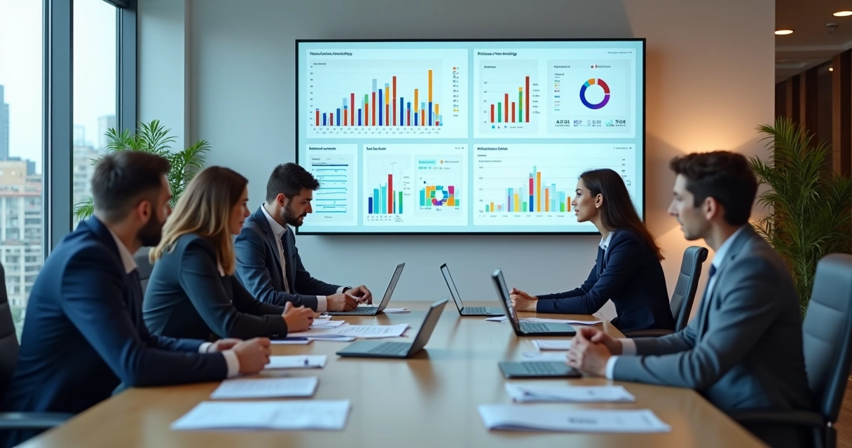 Equipe empresarial analisando painel de ERP em uma sala de reunião 