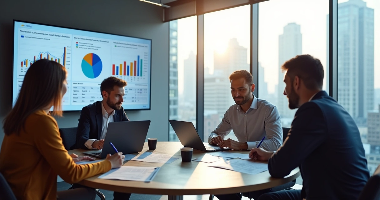Equipe de empresa reunida em sala avaliando gráficos de risco financeiro 