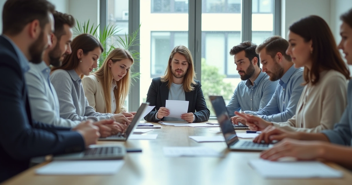 Equipe de empresa reunida revisando certidões e contratos na mesa 
