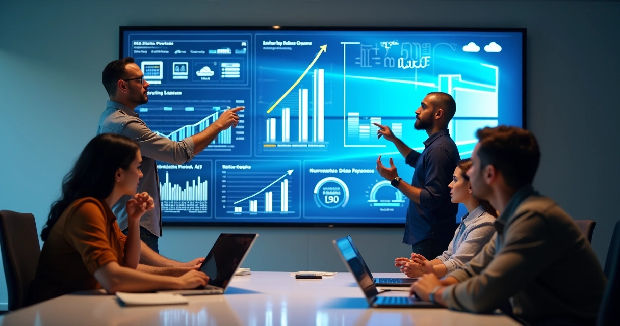 Equipe de TI analisando dashboards de IA e dados na nuvem 