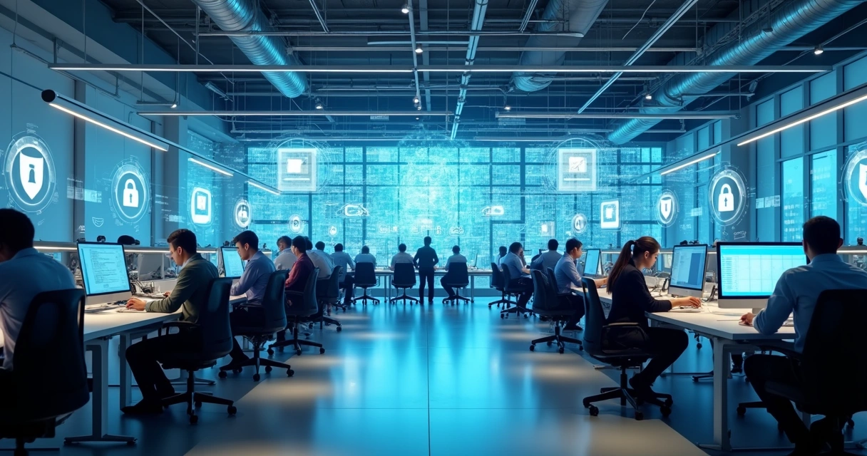Ambiente corporativo moderno com destaque para transformação digital segura