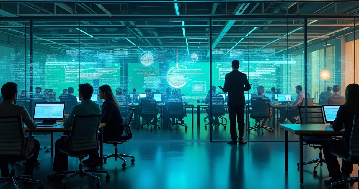 Empresa moderna com equipes e recursos digitais integrados 