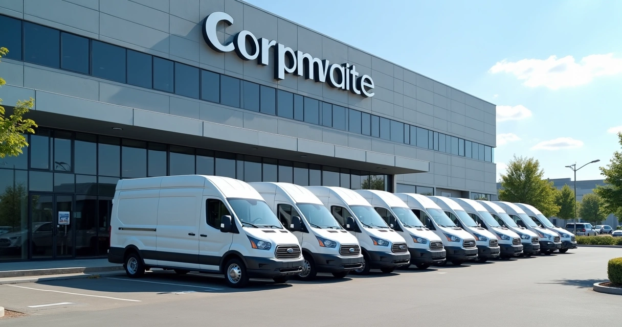 Fachada de empresa de transporte com vans modernas alinhadas 