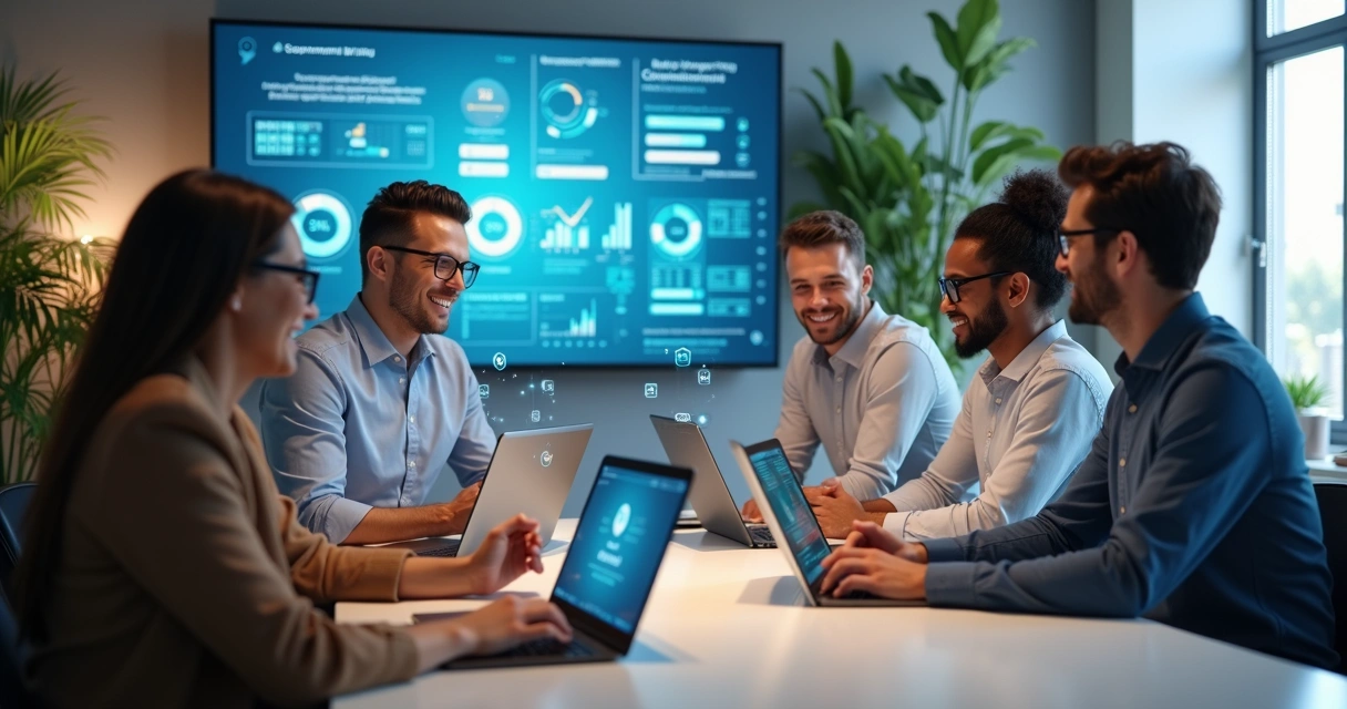 Equipe diversa em reunião virtual aprendendo em plataforma eLearning com gráficos e gráficos digitais na tela 