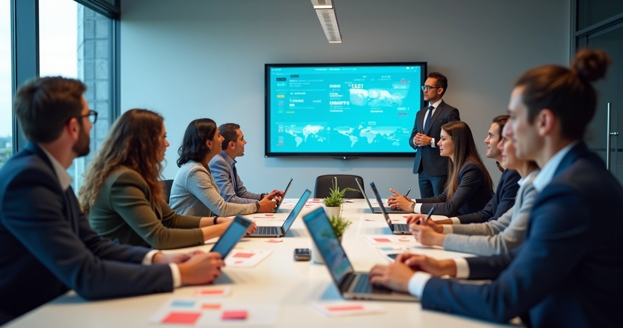 Equipe de empresa em treinamento, discutindo e trocando ideias