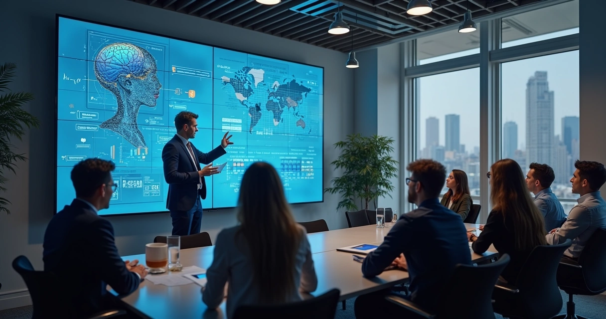 Equipe em escritório aprendendo sobre IA em apresentação 