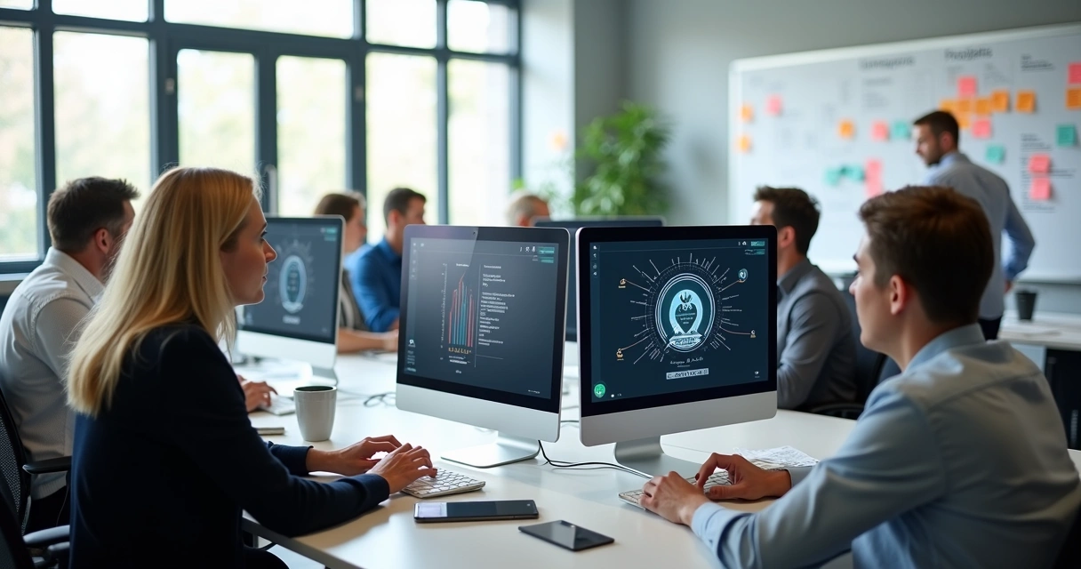 Equipe de colaboradores assistindo treinamento em computadores 
