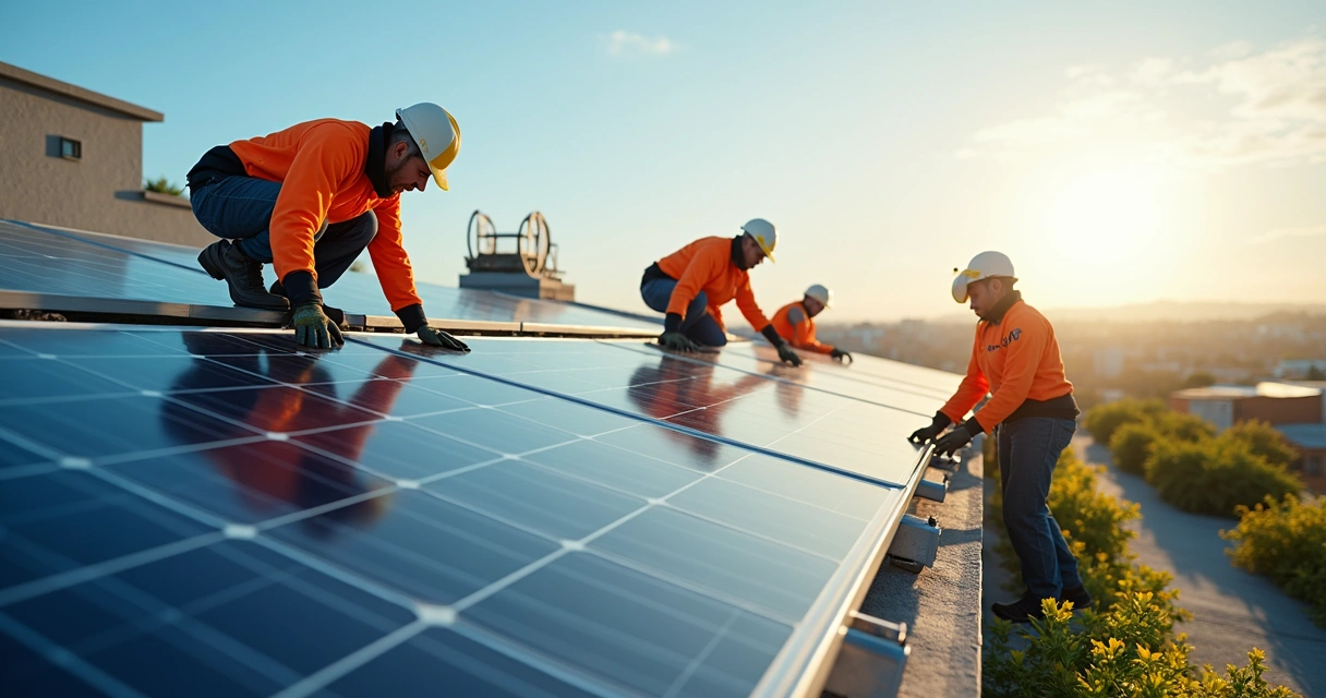 Equipe técnica instalando painéis solares em telhado comercial