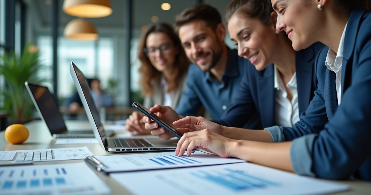 Equipe de escritório validando CIN no smartphone 