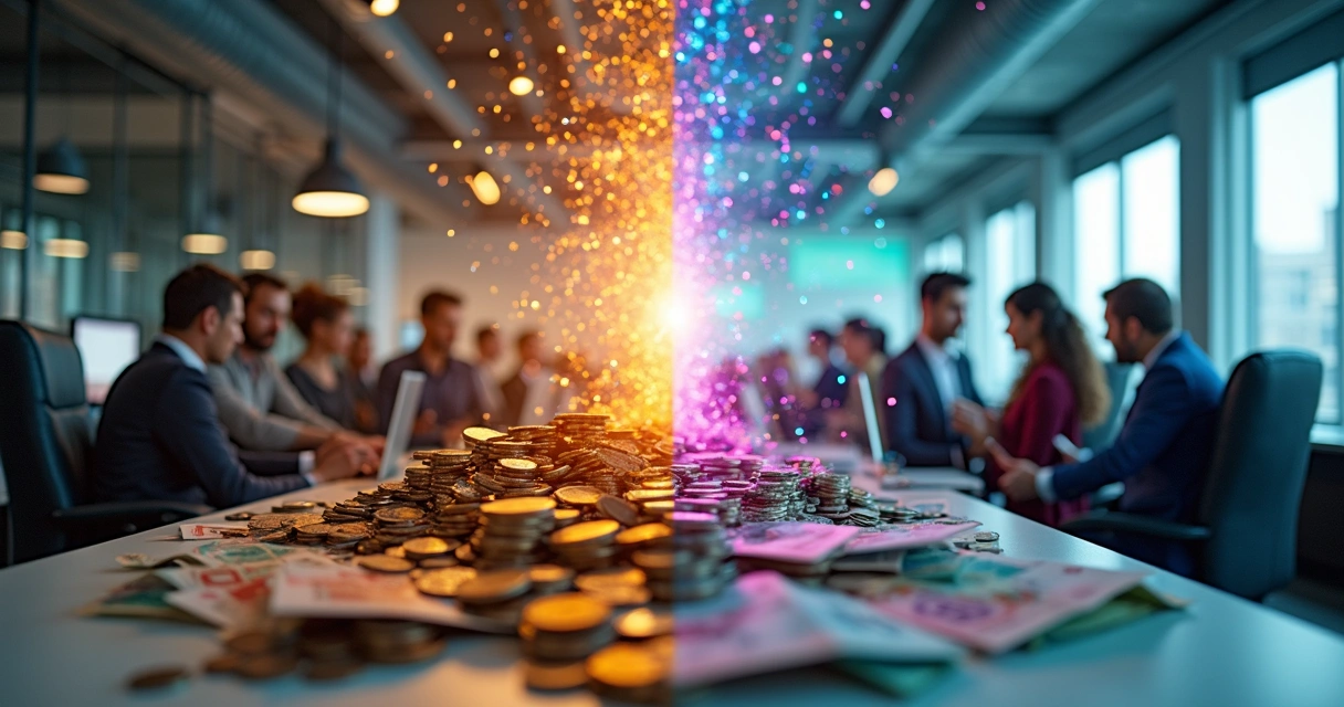 Representação visual equilibrando riqueza material e conexões humanas em uma empresa