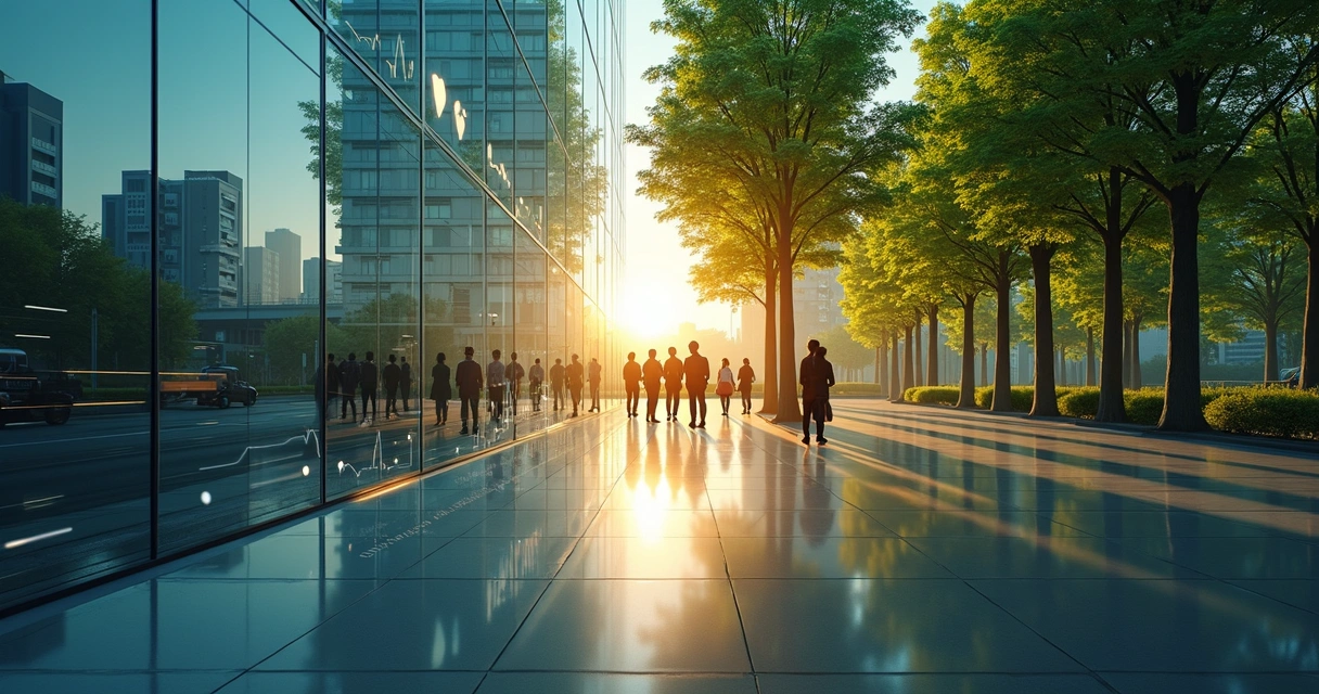 Fachada de edificio corporativo con doble reflejo de ciudad y bosque verde 