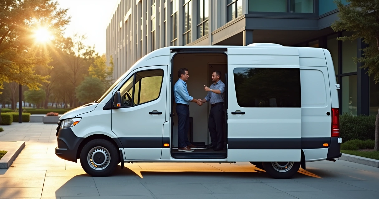Van corporativa estacionada em frente a uma empresa 