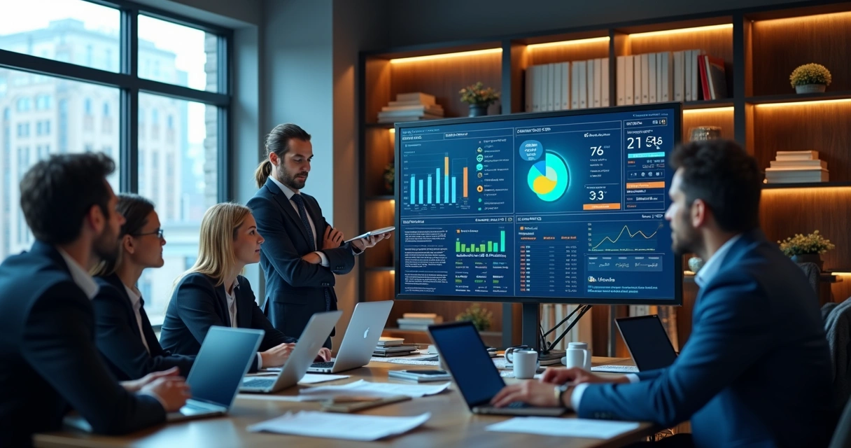 Profissionais reunidos em escritório moderno analisando gráficos de vendas em tela digital grande 
