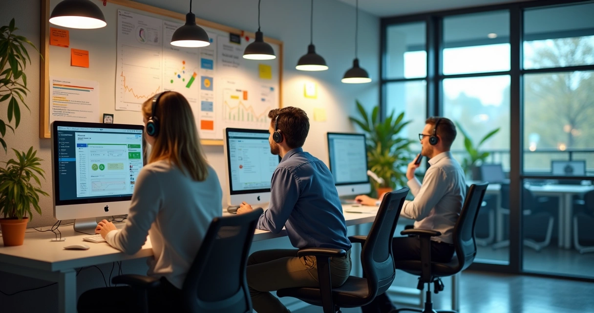 Sala de pequena empresa, pessoas usando computadores e conversando pelo WhatsApp 