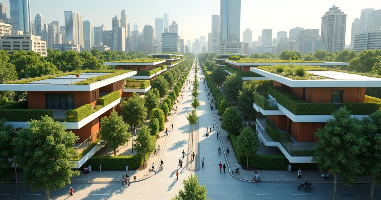 Cidade moderna com edifícios cobertos por telhados verdes e painéis solares