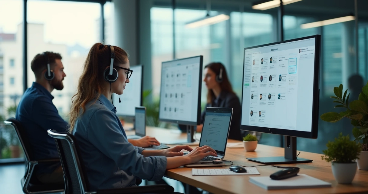 Equipe de atendentes usando computadores em ambiente corporativo 