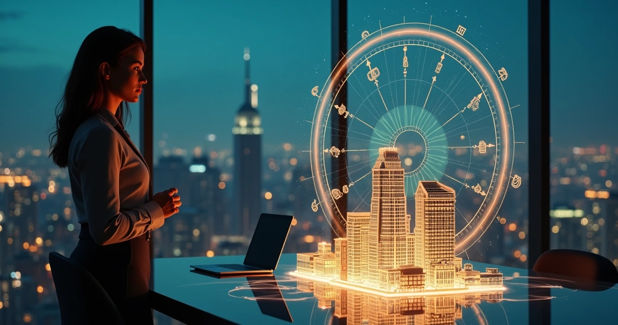 Empresária observa projeção de mapa astral sobre maquete de cidade à noite 
