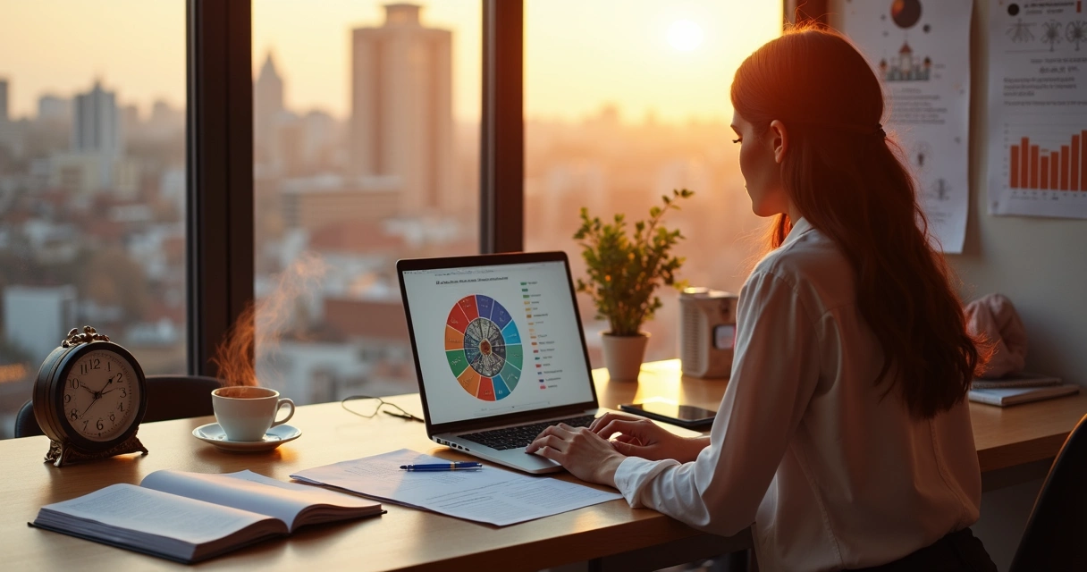 Empresária analisando mapa astral de negócios em mesa de trabalho moderna 