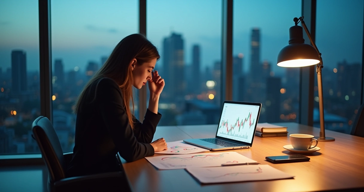 Empresária sozinha em escritório olhando para gráficos de negócios com expressão de dúvida 