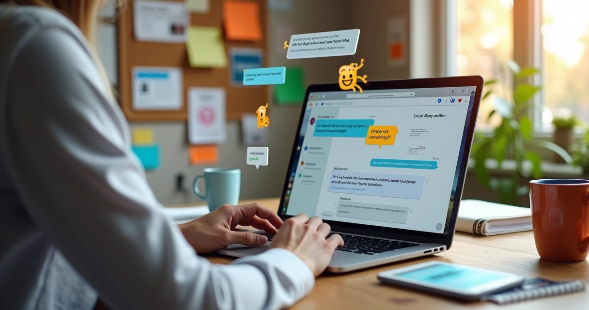 Empresária pequena criando frases de divulgação em laptop rodeada por icons de mensagens e redes sociais 