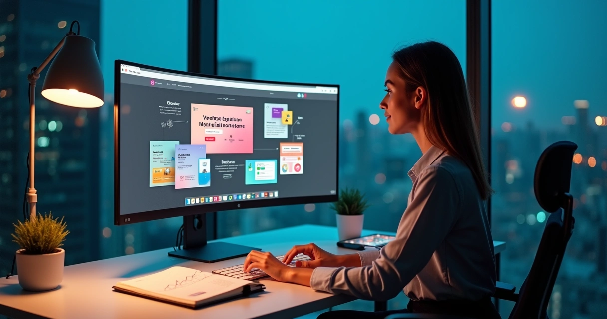 Empresária em escritório moderno montando site profissional em monitor ultrawide 