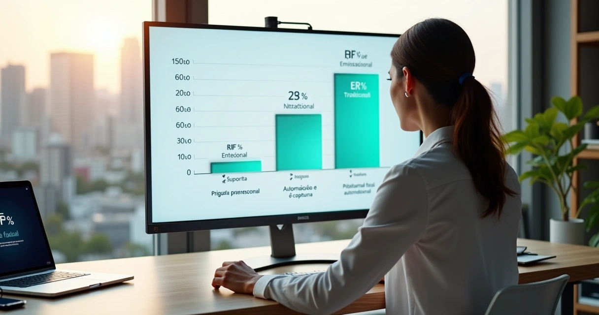 Empresária escolhendo sistema online de emissão de notas fiscais em quadro comparativo 