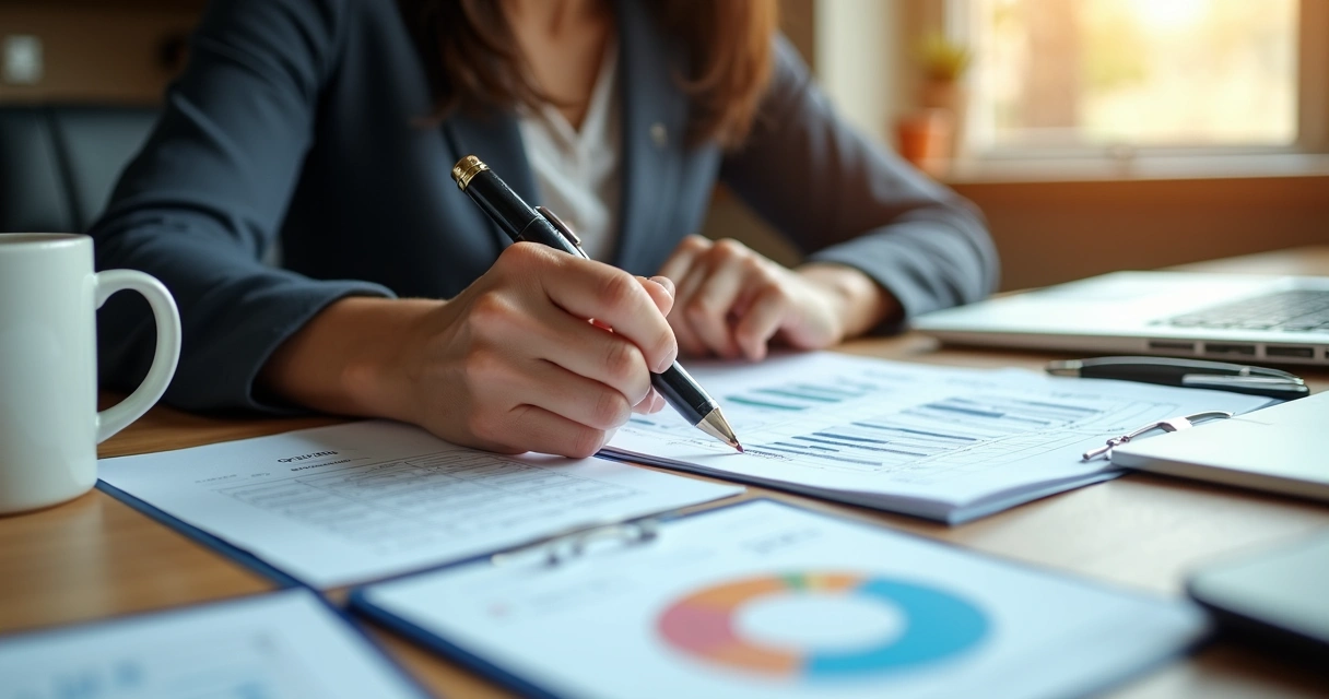 Empresária comparando extratos bancários 