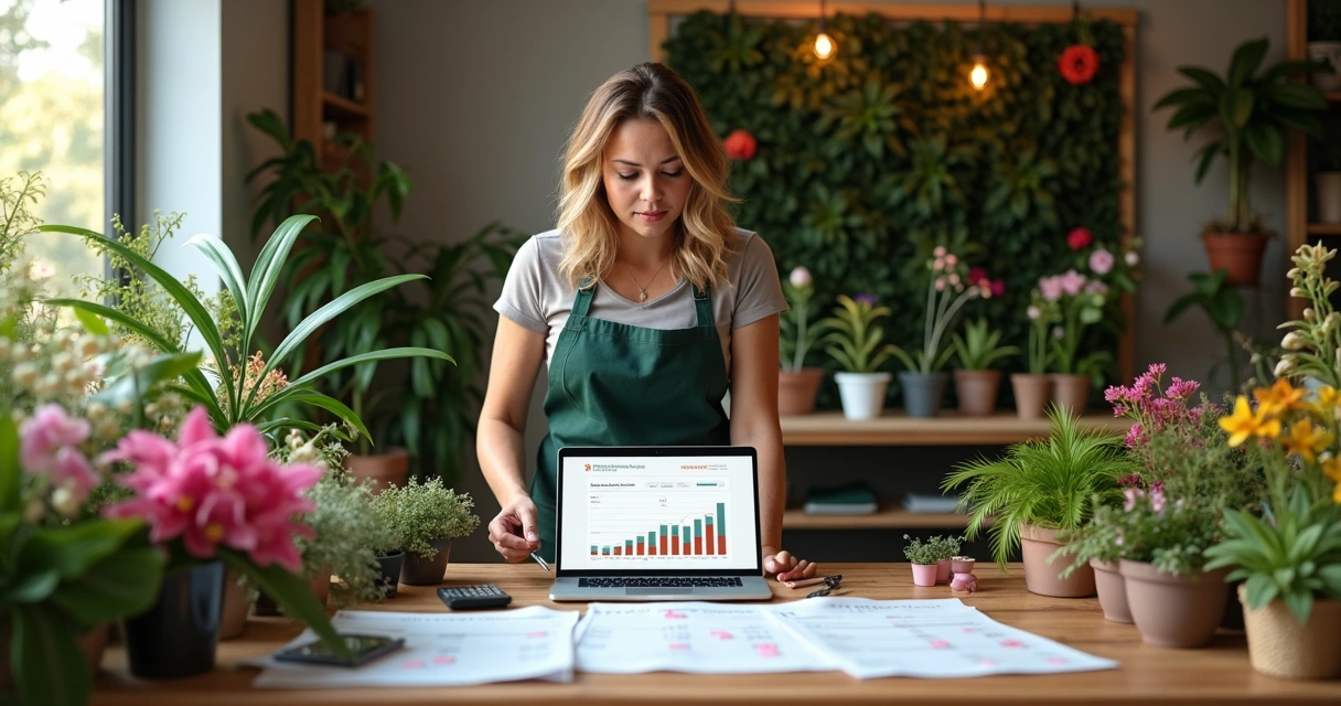 Empresária de floricultura analisando planilha de vendas ao lado de arranjos de flores 