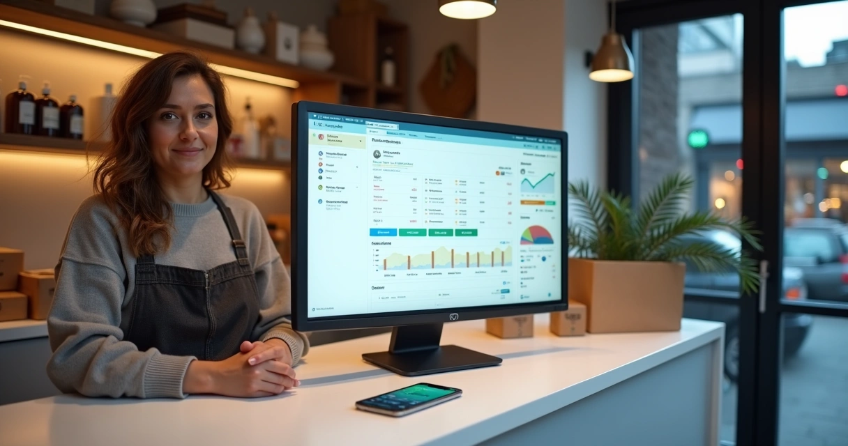 Empresária acompanha pedidos online em tela grande integrada a celular e tablet 